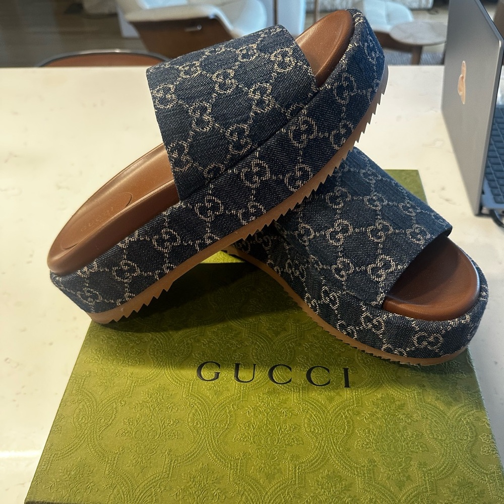Gucci Navy Monogram Platform Sandals - Picture 7 of 12
